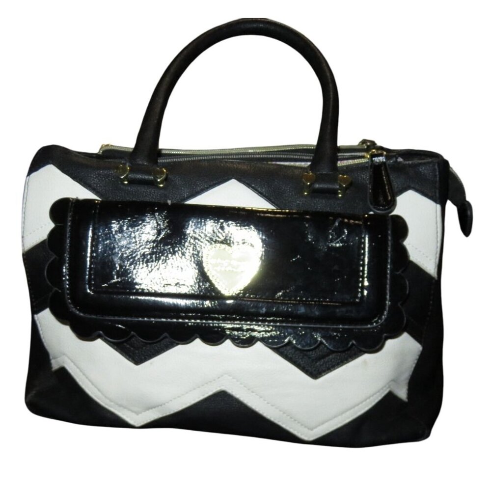 Betsey Johnson Black & White Chevron Accented Tote Large Crossbody Boho Handbag